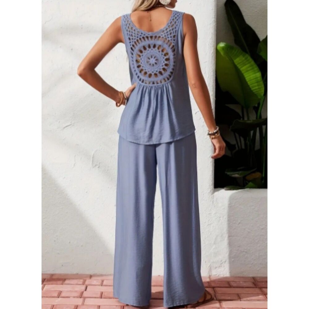 Elegant Solid Color Pants Set in Steel Blue / Size Large